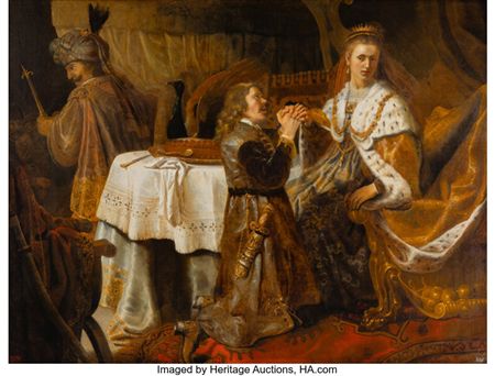 Haman pleading with Esther for his life