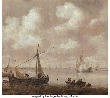 Scene with fishing boats and warships in estuary