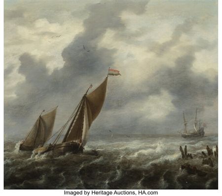 Dutch shipping off a pier in a choppy sea