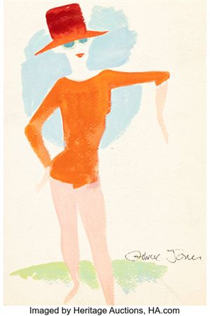 Woman in Red Signed Gouache Illustration Original Art