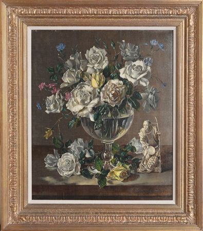 Still life of white roses in a glass compote with a carved figure