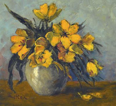 Still life with yellow tulips