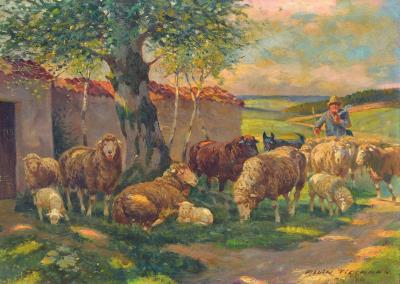 Shepherd with a flock of sheep in the shadow of a building