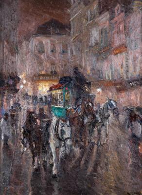 LIGHTS OF A CITY WITH A HORSE-DRAWN OMNIBUS IN A BUSY STREET