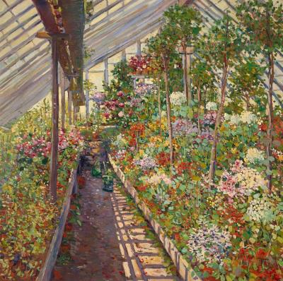Interior of a greenhouse in bloom