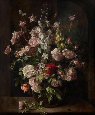 Floral composition on entablature with insects