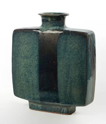 Large cruciform vase in flamed stoneware in shades of blue and brown