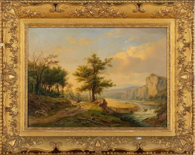 Landscape with waterfall and figures
