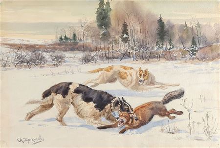 Dogs Attacking Wolf in Winter Landscape