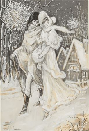 Elegant couple in a snowy winter landscape