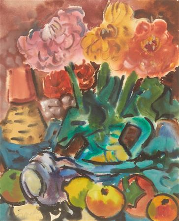 Still life with flowers and fruits