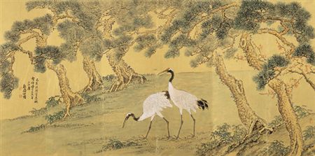 Two Cranes under Pine Trees