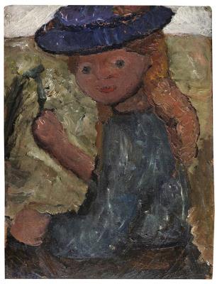 Seated Girl with Blue Hat and Flower in the Right Hand