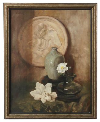 Still Life with plaque, vases, and flowers