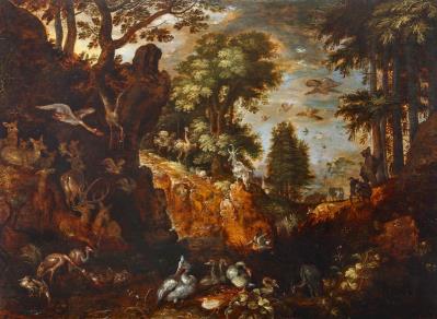 A rocky wooded landscape with animals
