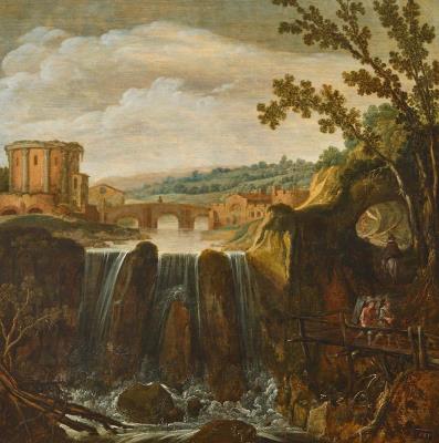 Landscape with a wooden bridge and a waterfall