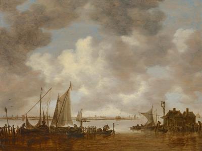 Harbour scene with fishing boats and Dordrecht in the background