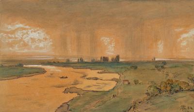Cloudburst over a river landscape