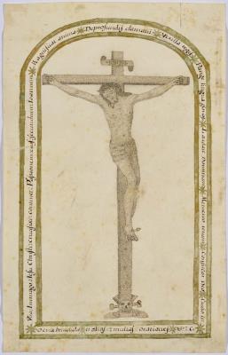 Christ on the cross. 'Vera Imago Jesu Christi crucifixi continet Passionem eius Secundum Joannem...'