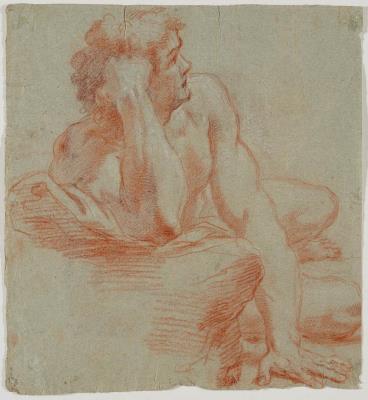 Reclining male nude, his head resting on his right arm. Verso: Noah's Ark.