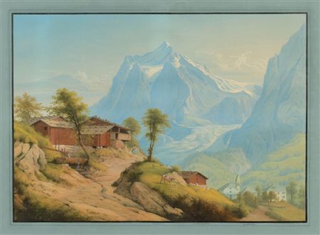 Grindelwald with the Wetterhorn and Grindelwaldgletscher. Circa 1850.