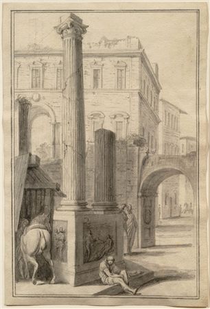 Two views: 1. Ancient monuments, a columned entrance in the foreground with two people in conversation; 2. An ancient columned monument with a seated man, with palazzi in the background.