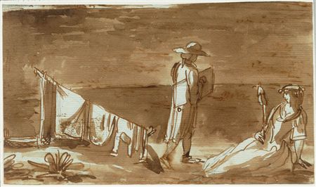 Beach scene with a seated woman, a man walking and a washing line.