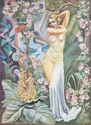 Femme nue debout dans un décor floral