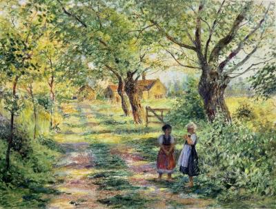 Fillettes sur un chemin de campagne