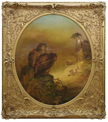 A Middle Eastern scene with two owls overlooking figures on a beach