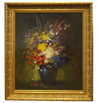 Colorful Bouquet of Wildflowers in a Blue Glass Vase