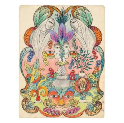 Untitled (faces with garden and statuary) by Minnie Jones Evans - Auction record, sale price, and art valuation. Compare with similar artists and explore comparable artworks.