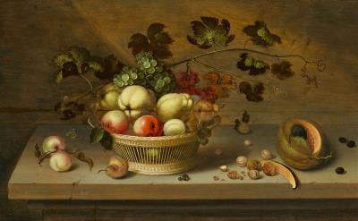 Still Life with Fruit Basket, Nuts and a Sliced Melon, with a Mouse on the Table