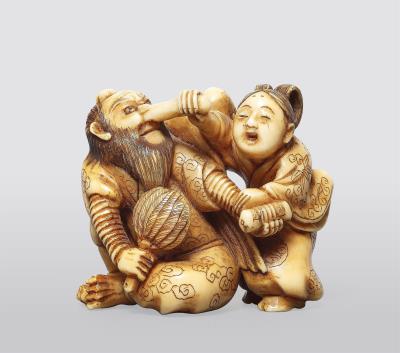 An ivory netsuke of Sōjōbō and Ushiwakamaru