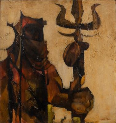 Impasto depiction of a dark figure holding a trident