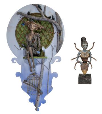 Figure seated in a tree and arachnid woman