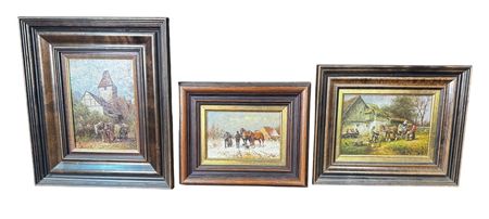 WINTER SCENE WITH HORSES, FARM SCENE WITH HORSE AND CARRIAGE, TOWNSHIP WITH HORSE AND CARRIAGE. (3)
