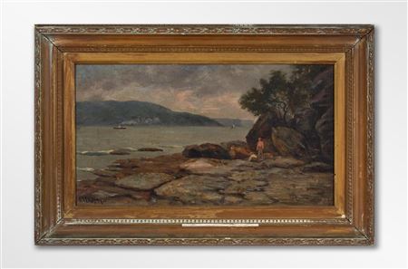 Harbour Scene with Figures & Steam Boat