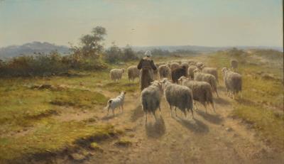 CROFTER WOMAN WITH SHEEP IN A MEADOW