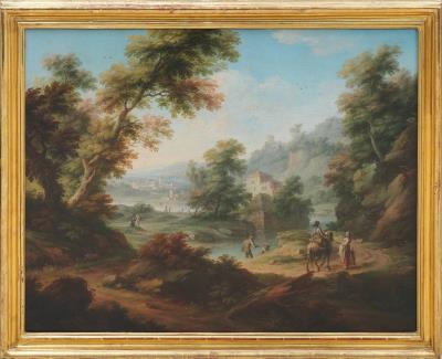 Landscape with figures near a river and small town in the background