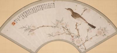 Bird on Flowering Branch Fan Painting