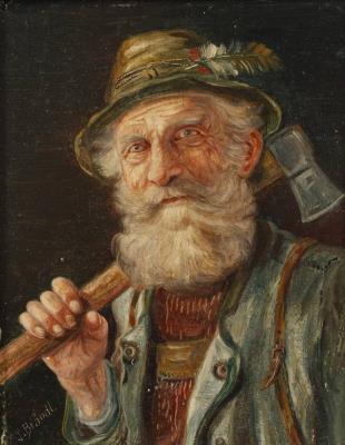 Portrait of an old man in traditional Bavarian costume with a shouldered axe