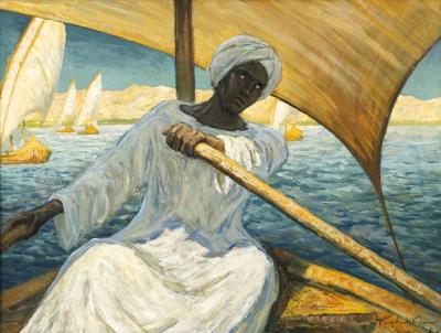Portrait of a seated North African dressed in a white caftan with a white turban, steering a boat on the Nile, with feluccas against a mountainous bank backdrop by Otto Engelhardt-Kyffhauser - Auction record, sale price, and art valuation. Compare with similar artists and explore comparable artworks.