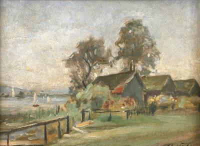 Summer scene with fishermen's huts on the lakeshore and distant view of sailing boats by Anna Maria Renz - Auction record, sale price, and art valuation. Compare with similar artists and explore comparable artworks.