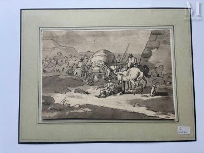 Military camp, with soldiers and riders near a wagon