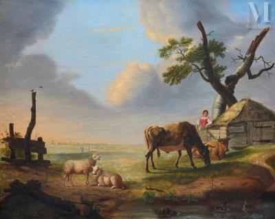 Fernière near her cows and sheep