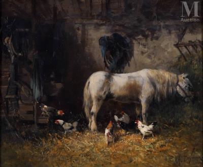 Pony at stable with chickens