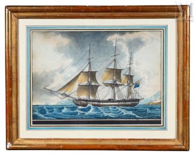 Portrait of a three-masted square-headed merchant ship of the Kingdom of Sardinia