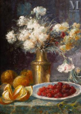 Bouquet of flowers and still life with raspberries and oranges