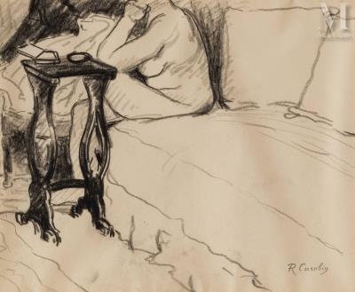 Nude seated at bedside